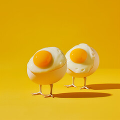 Surreal photograph of two fried eggs with legs running on a yellow background, in the style of minimal concept photography.