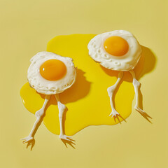 Surreal photograph of two fried eggs with legs running on a yellow background, in the style of minimal concept photography.