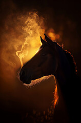 A horse in the dark, exhaling glowing smoke.