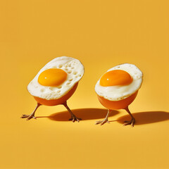 Surreal photograph of two fried eggs with legs running on a yellow background, in the style of minimal concept photography.