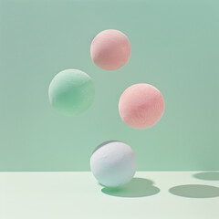 Floating ice cream balls, green and pink, minimalist design, light background.Minimal creative food concept.Flat lay,copy space. 