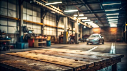 Obraz premium A worn, empty wooden table sits solitary, surrounded by the dimly lit, blurred chaos of an auto repair workshop background.