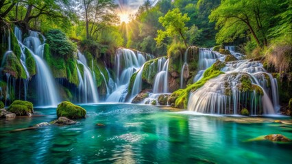 Serene Croatian forest scene featuring a majestic cascading waterfall flowing into turquoise water surrounded by lush greenery and mossy rocks.