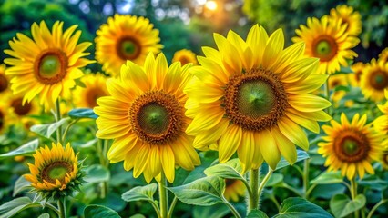 Obraz premium Vibrant yellow sunflowers in a blooming garden surrounded by lush greenery, perfect for digital graphics and craft cutting designs.