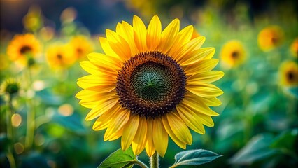 Obraz premium Vibrant yellow petals and dark center of sunflower bloom in sharp focus against soft, blurred background of lush green natural scenery.