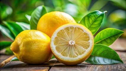 Vibrant yellow lemon half cut open revealing juicy pulp surrounded by lush green leaves and sliced segments on a soft focus background.