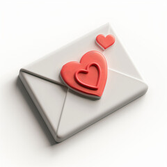 3D icon of an envelope with a heart, white background, isometric view, no shadow under the object, rendered in Octane, in the style of Cinema 4D.