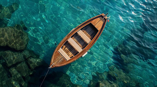 A wooden rowboat tied at its bow sits on crystal-clear, turquoise waters under the daylight sky, exuding a sense of serenity and transparency.