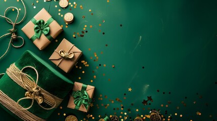 An artistic and elegant presentation of St. Patrick's Day gifts with green wrapping, gold ribbons, and festive ornaments, celebrating the holiday with sophistication and charm.