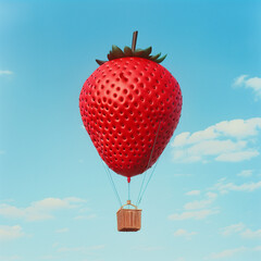 A strawberry-shaped hot-air balloon floats in the sky with a simple, cute, and shadowless flat illustration style.