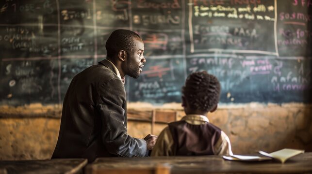 Teacher talks to a student in a school classroom. Lessons in life