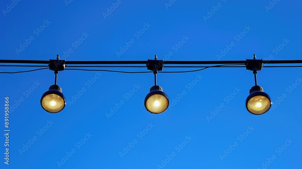 Poster spotlights suspended on a dark wire against blue sky with space for text focused and object selected