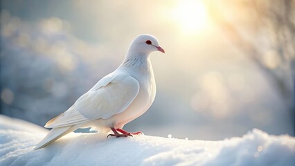 Serene, snow-white dove perched solo on clean white surface, soft focus, gentle wings, peaceful atmosphere, symbol of hope and purity.