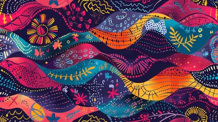 An abstract design bursting with vibrant colors and featuring a wave pattern of floral and various decorative elements, blending together to form an eye-catching visual experience.