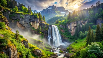 Fototapeta premium Serene mountain landscape featuring majestic waterfall cascading down rugged rocky cliff surrounded by lush green vegetation and misty atmosphere.