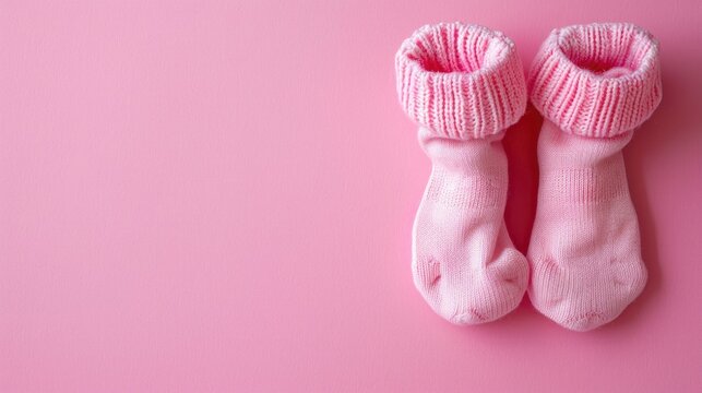 Infant socks on pink backdrop with room for text