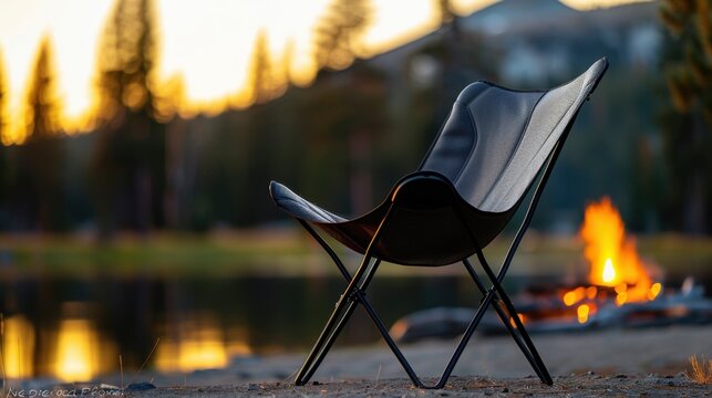 A sleek black outdoor chair positioned in a serene camping setting, surrounded by tall pine trees and a tranquil lake reflecting the setting sun. The chair is angled slightly to showcase its modern