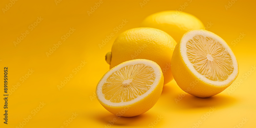Poster lemons whole and cut open displayed on a vibrant yellow background