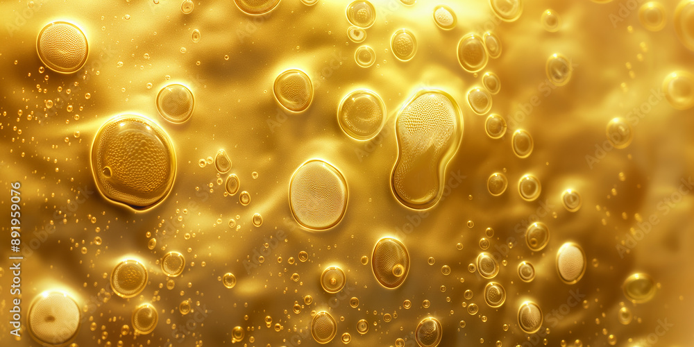 Poster golden liquid texture with bubbles forming abstract background