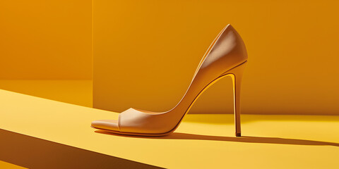 Elegant beige high heel shoe casting shadow on yellow background