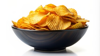 Crunchy golden brown potato chips overflowing from a black bowl on a transparent background, tempting viewers with a savory snack.