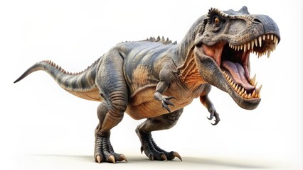 Fototapeta premium Fearsome ancient predator Tyrannosaurus Rex isolated on white background, showcasing razor-sharp teeth and powerful legs in precise 3D rendering.