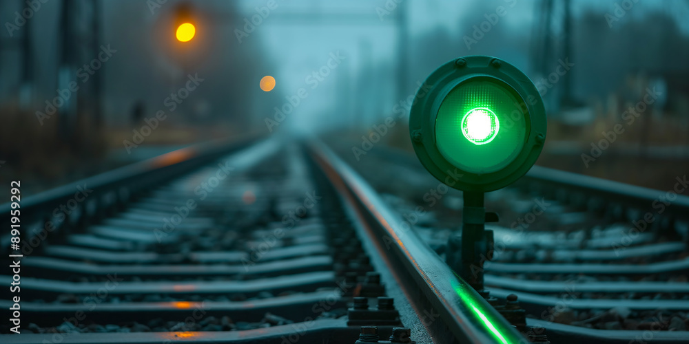 Aufkleber green signal showing on empty railway track in foggy day