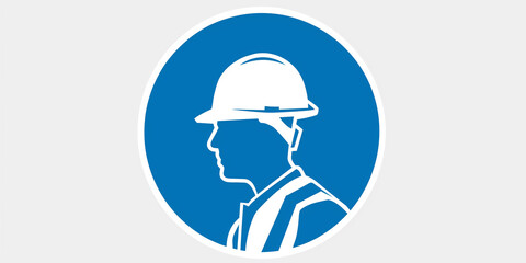 Construction worker wearing hard hat and safety vest in blue circle sign