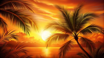 Obraz premium Vibrant orange sunset background featuring stylized palm tree silhouette, scattered tropical leaves, and radiant sun, evoking warm summer vibes.