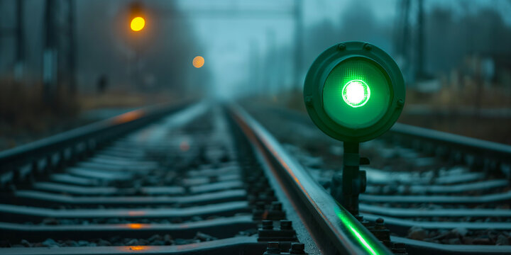 Green signal showing on empty railway track in foggy day