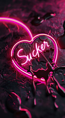 Neon pink broken heart with the word "Sucker" written on it, on a black background, with a minimalistic design in the style of graphic design-inspired illustrations, in a logo style,