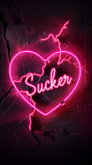 Neon pink broken heart with the word "Sucker" written on it, on a black background, with a minimalistic design in the style of graphic design-inspired illustrations, in a logo style,