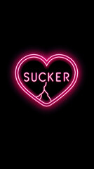 Neon pink broken heart with the word "Sucker" written on it, on a black background, with a minimalistic design in the style of graphic design-inspired illustrations, in a logo style,