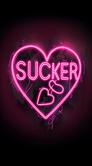 Neon pink broken heart with the word "Sucker" written on it, on a black background, with a minimalistic design in the style of graphic design-inspired illustrations, in a logo style,