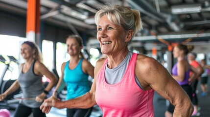 A dynamic photograph showcasing a group of women, including an elderly woman, exercising on treadmills in a gym, highlighting the importance of fitness and communal exercise activities.