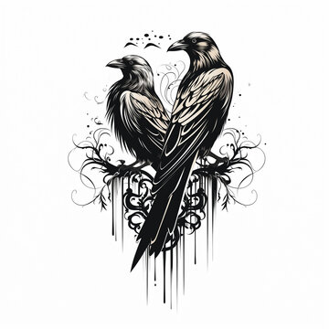 Illustration tattoo design two crows