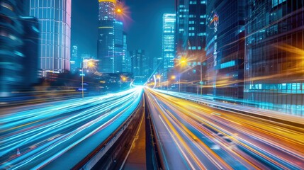 Obraz premium Light trails on the modern building background. Light trails at night in urban environment, Abstract Motion Blur City, traffic, transportation, street, road, speed