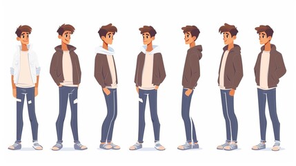 Obraz premium Illustration of animated male character wearing a brown jacket, white shirt, blue jeans, and sandals, depicted in various poses and angles, showcasing casual attire.