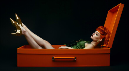 An advertising photo of an orange shoe box against a black background, featuring a beautiful woman inside wearing high heels and a stylish updo, showcasing her feet.
