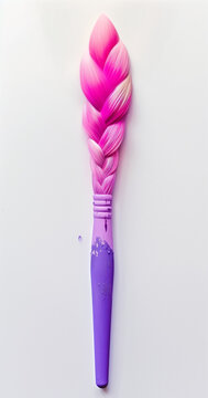 A pink and purple paintbrush with blonde hair braided against a white background.Flat lay,copy space  daj 35 za