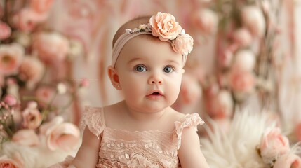 Fototapeta premium A charming baby with a neutral expression and floral headband sits among beautifully arranged flowers and soft birthday decorations, encapsulating a serene celebration moment.