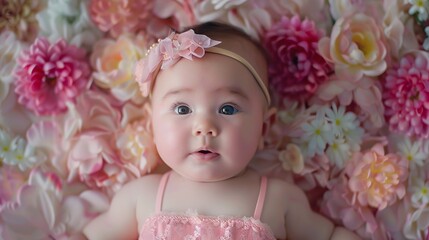 Fototapeta premium An adorable baby wearing a floral headband is lying among a bed of pink flowers, capturing a serene and sweet moment full of innocence and purity in a floral setting.