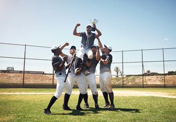 Baseball field, men and team in celebration, trophy and prize for goals, performance or winning...