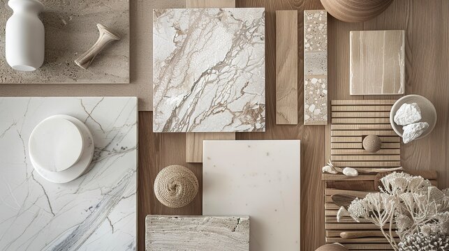 A flat lay of interior design material samples including marble, wood, and stone in neutral and earthy tones, minimalist photography 