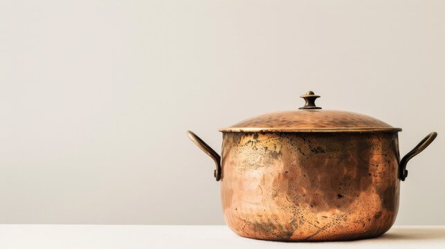 Antique copper pot with cover on table against white backdrop