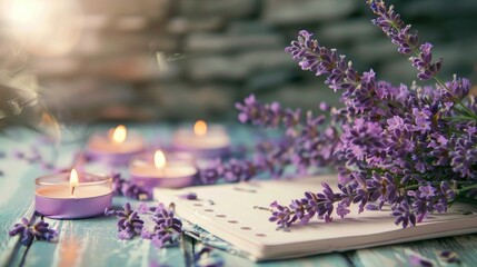 Aromatherapy concept with lavender flowers and candles on memo pad