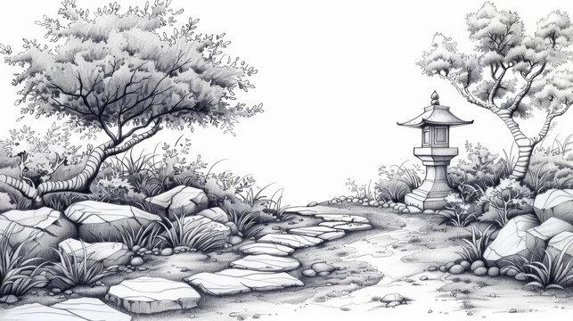 zen garden illustration, elaborate sketch capturing a stone lantern and meandering path in a serene zen garden, inviting contemplation and tranquility