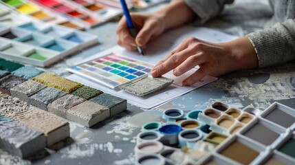 Obraz premium Designer analyzing color palettes and textures on architectural plans. Close-up photography. Design for interior planning, material selection, and construction strategy concept. 