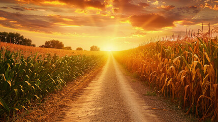 photo of a dirt road leading through a cornfield at sunset, in the style of copy space concept
