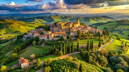 Naklejka premium Serene aerial view of hilltop Italian village surrounded by rolling green countryside and cypress trees in Tuscany region.